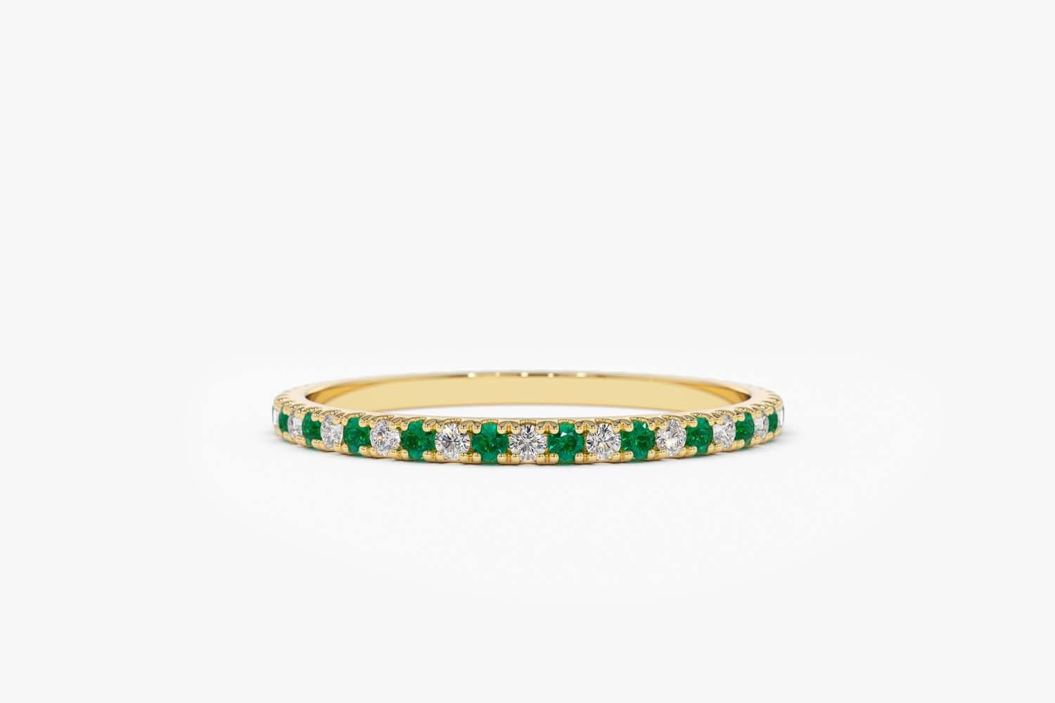 Emerald & Diamond Eternity Band/ 14K Yellow Gold Micro Pave Wedding Ring/ Band