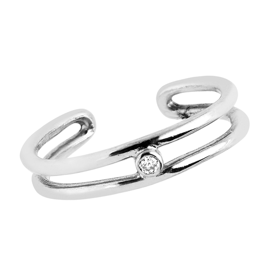sterling Silver Two Row Band Cubic Zirconia Accented Toe Ring Adjustable