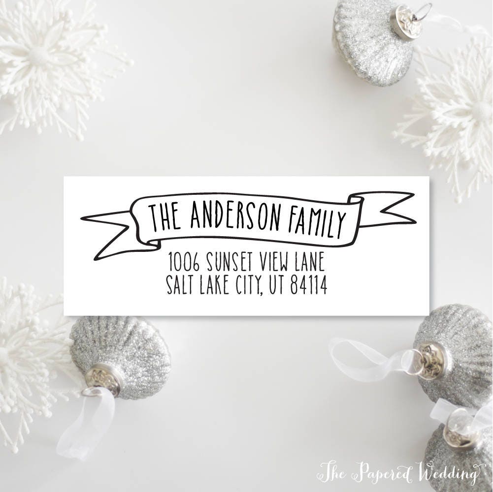 Christmas Return Address Labels - Black & White For Cards With Banner Simple Personalized 043