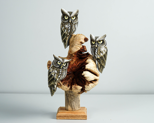 Group Of Owls On A Tree Branch, Painted Figurine, Colorful Statue, Wooden Ornament, Sculpture, Bedroom Decor, Birhday Gift, Gift For Mom