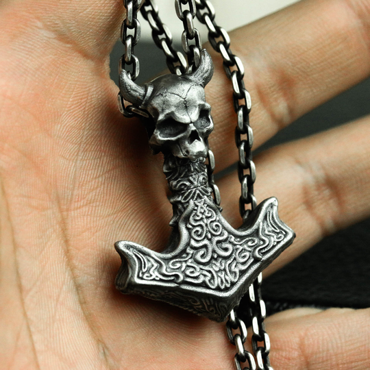 925 Silver Thor's Hammer Pendant, Ram's Horn Skull Wolf Jewelry