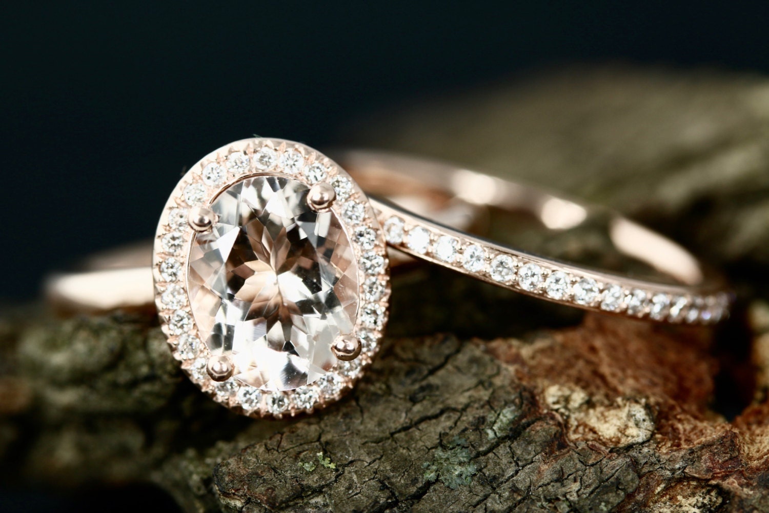 14K Rose Gold Wedding Set Bridal 9x7mm/1.70 Carats Oval Cut Morganite Halo Diamond Engagement Ring Half Eternity Band