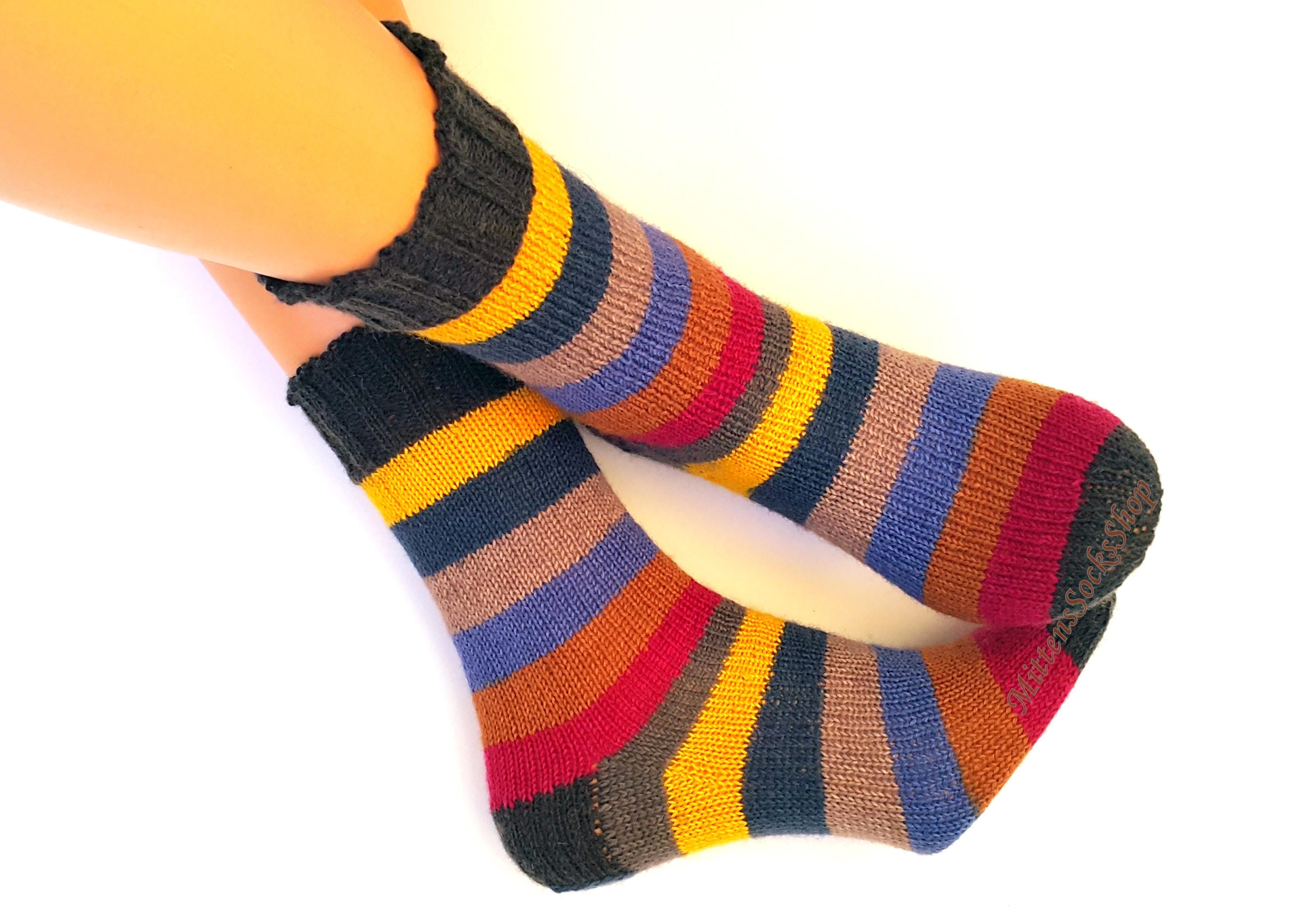 Hand Knitted Socks Multicolor Striped Women's Girl's Men's Winter Sock Yarn