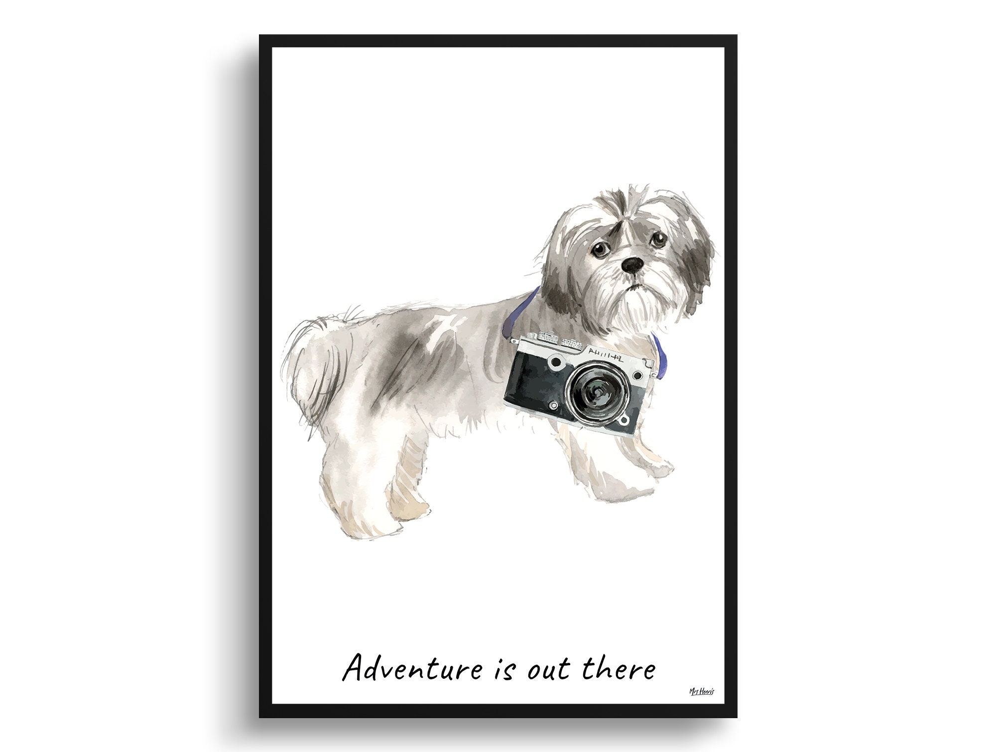 Adventure Is Out There Shih Tzu Short Hair Dog Print Illustration. Framed & Un-Framed Wall Art Options. Personalised Name