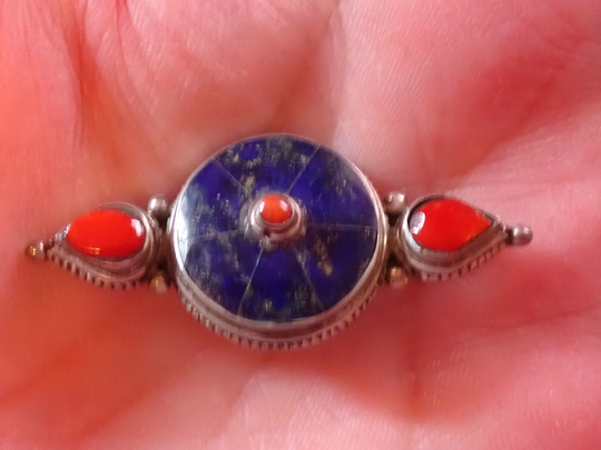Lapis Lazuli With Red Coral Sterling Brooch