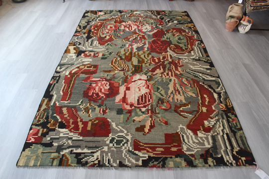 Karabagh Kilim Rug, Ethnic Floral Kilim, Vintage Bohemian Area Rug/N-666 5'5"x9'1" Feet