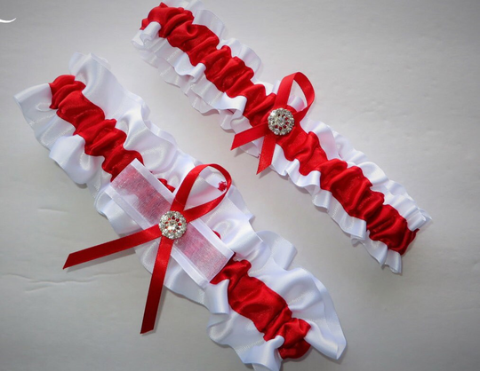 White & Red Garter Set, Keepsake Toss-Away Ribbon Garter, Prom Bridal Wedding