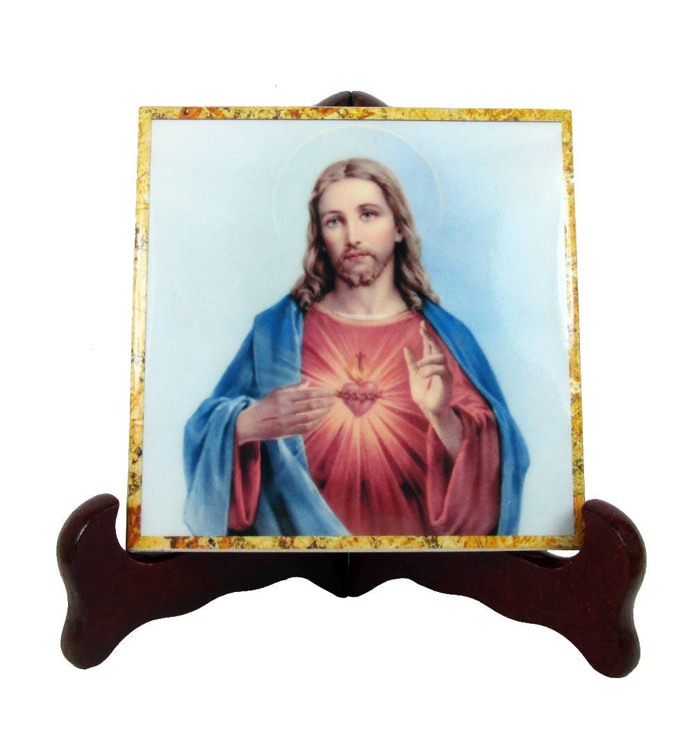 Catholic Wall Plaque - Ceramic Tile Sacred Heart Of Jesus Catholic Gifts Handmade in Italy Art