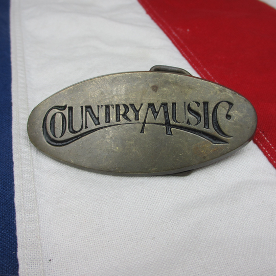 Vintage 1970's "Country Music" Belt Buckle Solid Brass Baron Bbb Radio Promo Concert Gold Tone Bluegrass Folk Nashville Lettering