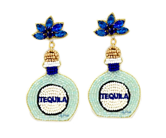 New Tequila Earring, Seed Bead Statement Blue Bottle Bridal Shower, Bachelorette Party, Vacation, Gift For Her