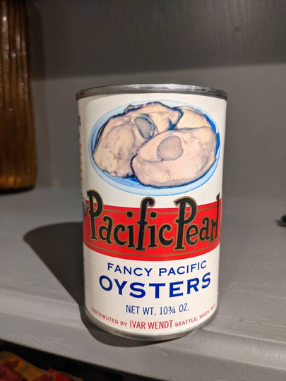 1970's Ivar's Pacific Pearl Oysters Can Old Can Label On - Ivar Wendt, Seattle, Washington