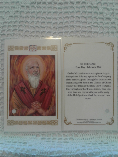 St Polycarp, Martyr, Bishop Of Smyrna, 3 5/8"x5.5" Laminated Relic Holy-Prayer Card Warm White Stock, Image From My Signed Catholic Art
