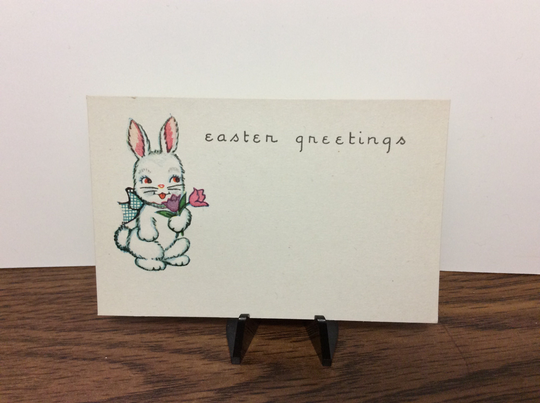 Adorable Unused 1930's-40's Easter Greetings Gift Card Or Place With A Darling Embossed Rabbit Wearing Bow & Holding Tulips