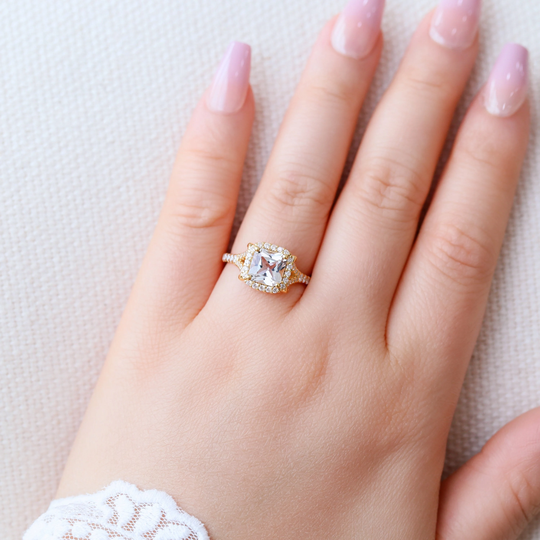 White Topaz Eternal Wave Ring, Cushion Cut White Engagement Solitaire Wave Gift, Gold Ring