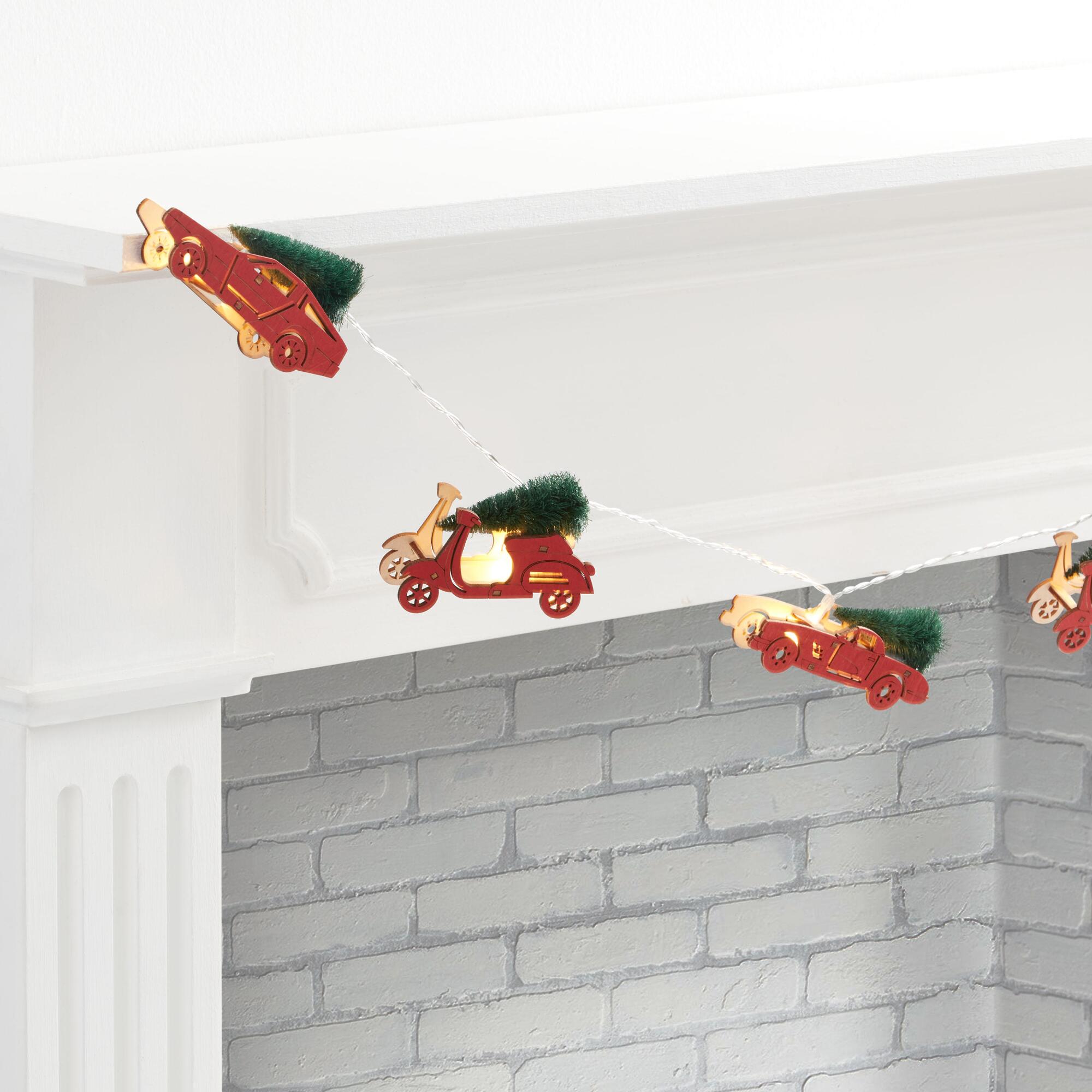Wood Vehicles with Trees LED Battery Operated String Lights: Green/Red/Multi - Medium by World Market