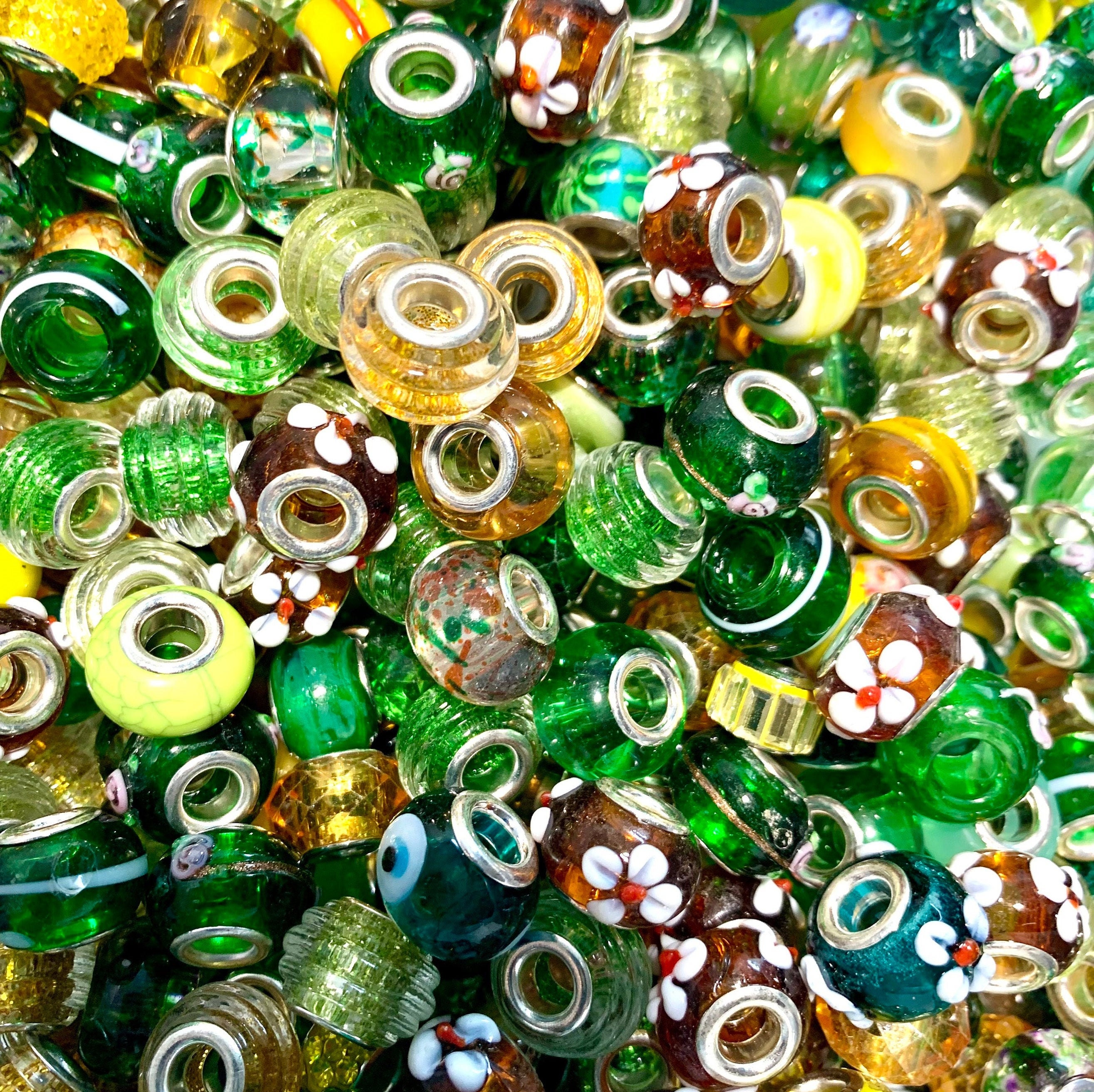 Green Bead Mix Bulk Big Hole Glass European Assorted Big Hole Bead Random Mix Colors Yellow Green Teals Glass Bulk Lots