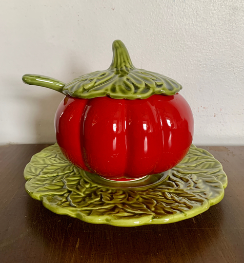 Small Tomato Soup Tureen With Spoon, Lid & Plate, Vintage Soup Bowl, Serving Dish