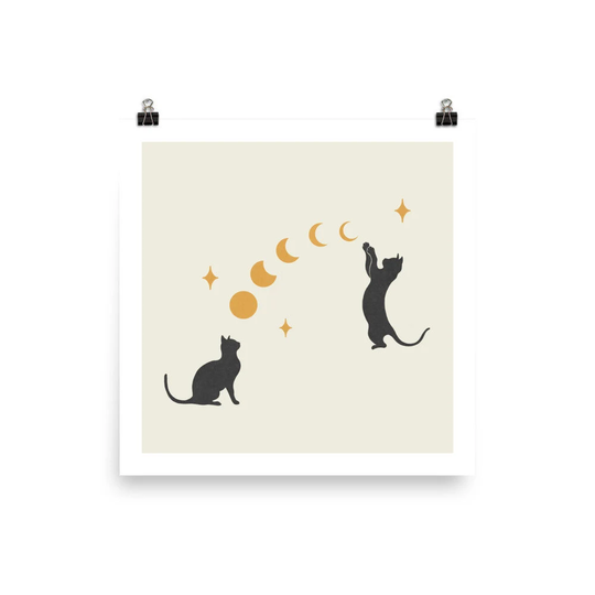 Giclée Print Poster Cat & Moon Art 10"x10" Simple Clean Original Illustration Boho Wall Decor Mid Century Celestial Phases