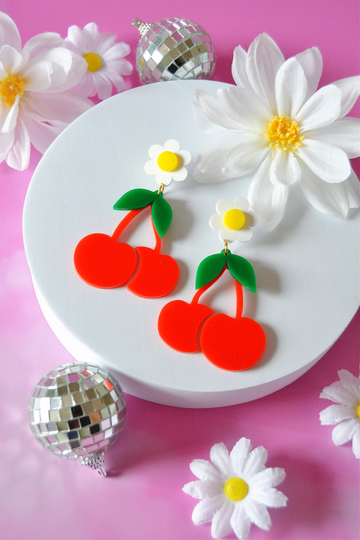 Acrylic Cherry Daisy Fruit Kawaii Statement Earrings