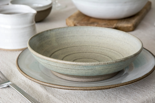 Dinnerware Set, Pottery Place Setting, White Dinner Plate & Green Sage Pasta Bowl