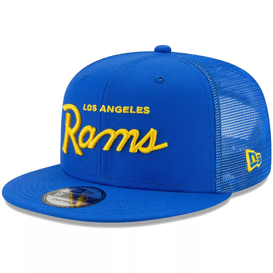 Men's New Era Royal Los Angeles Rams Script Trucker 9FIFTY Snapback Hat, Blue