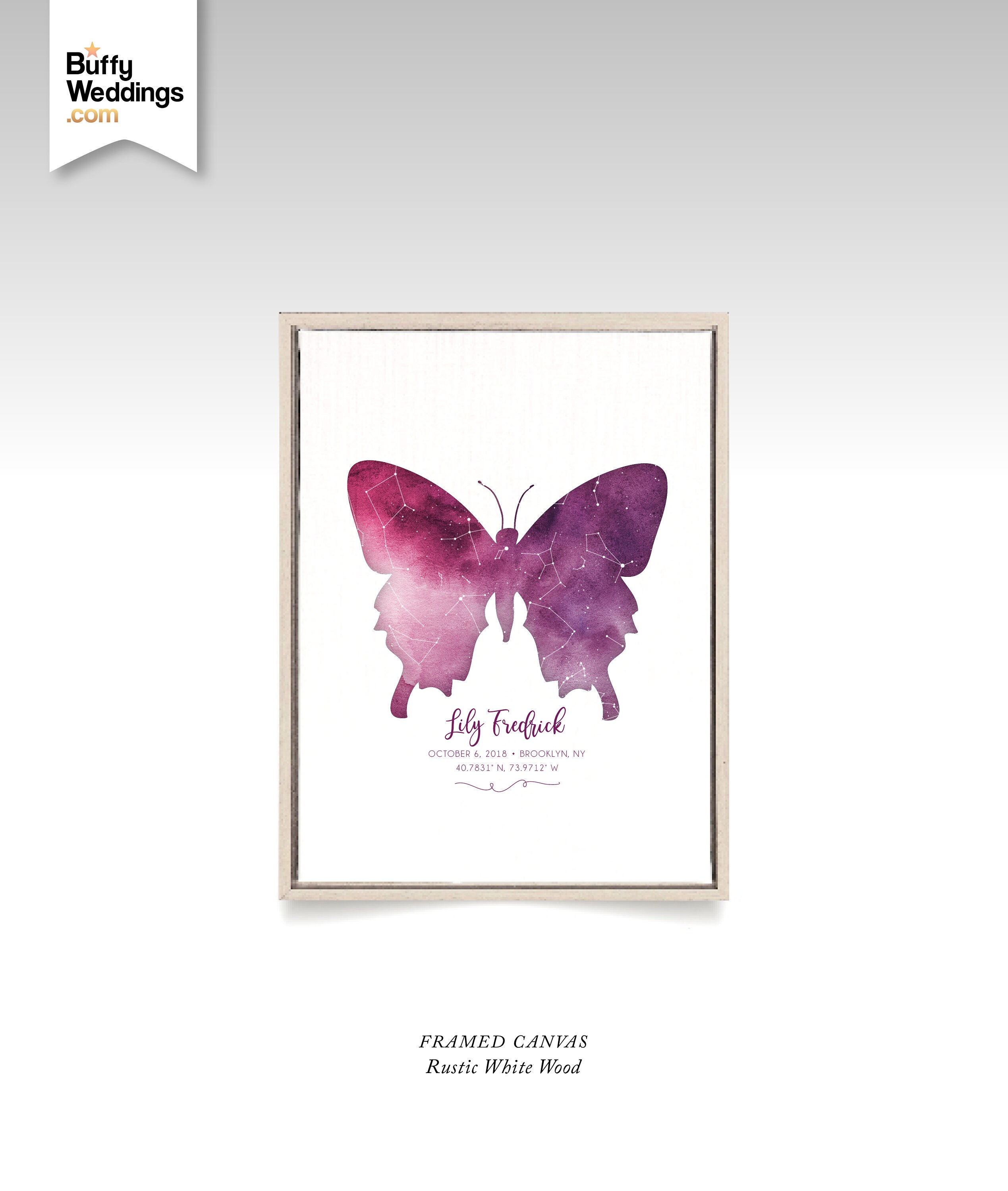 Purple Butterfly Watercolor Star Sky & Birthdate Constellation Map Framed Canvas Art . Baptism Gift Nursery Paper Or Printing