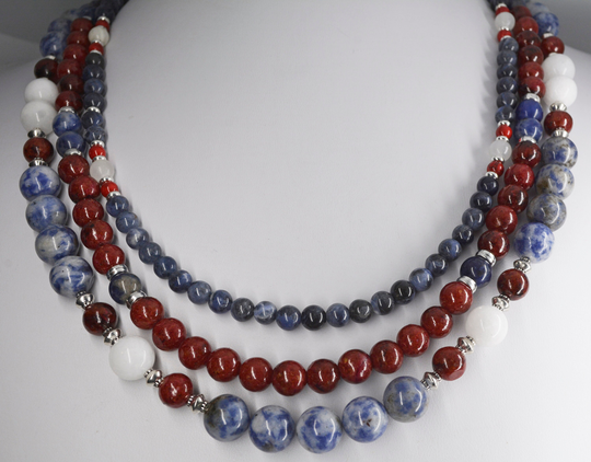 Triple Strand Beaded Gemstone Necklace Patriotic Jewelry Red White & Blue Stones Hand Crafted Unique