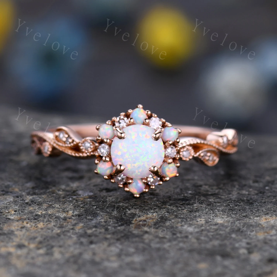 Vintage Opal Engagement Ring Rose Gold White Diamond Wedding Bridal October Birthstone For Women Promise Anniversary Gift