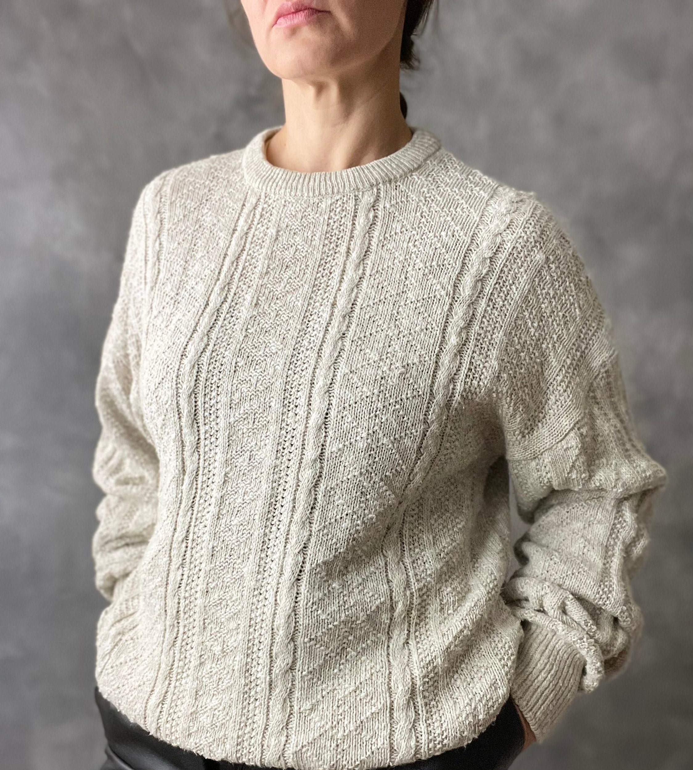 Vintage Oatmeal Linen Blend Oversized Cableknit Crewneck Sweater, Size M