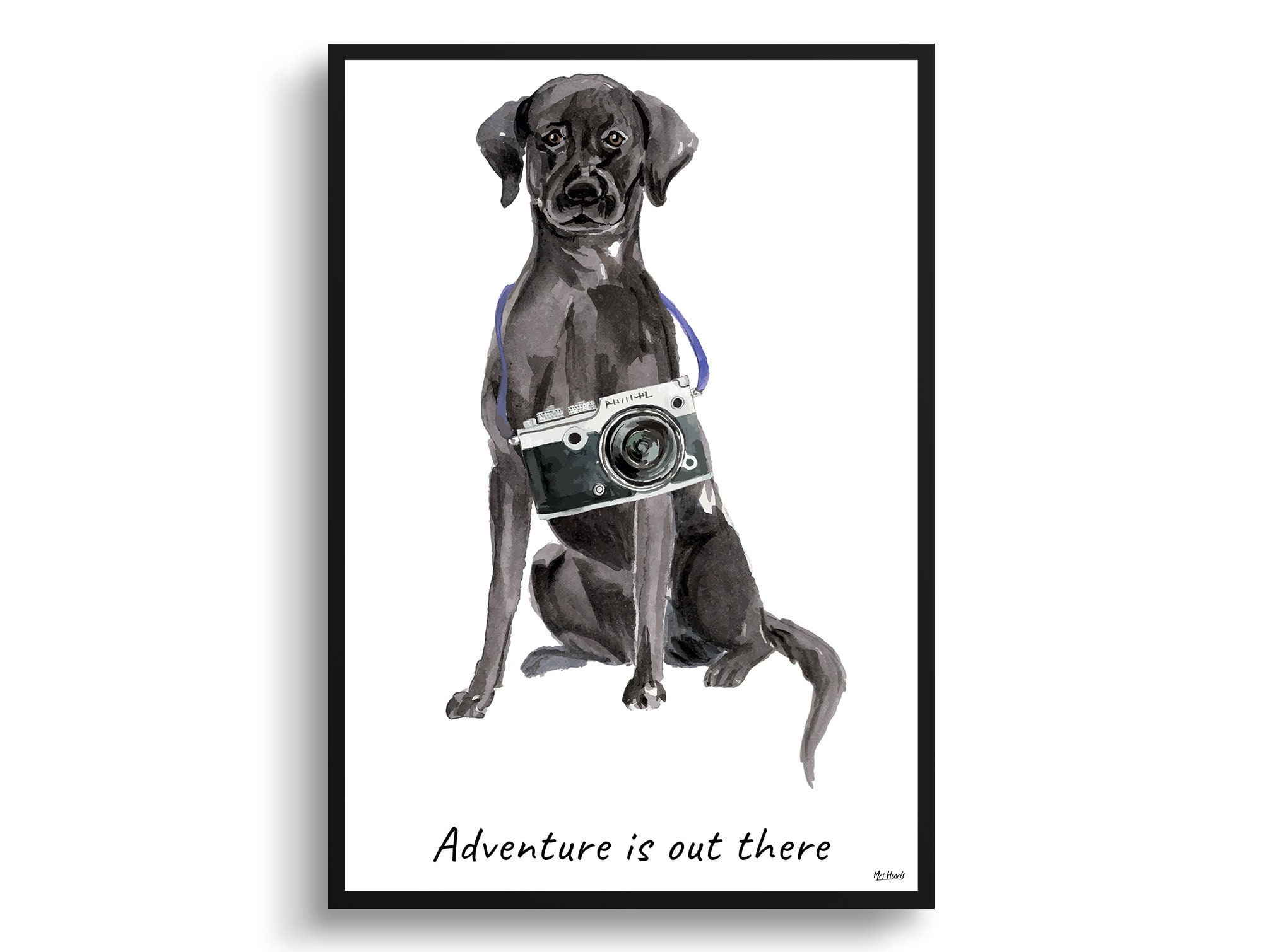 Adventure Is Out There Black Labrador Dog Print Illustration. Framed & Un-Framed Wall Art Options. Personalised Name