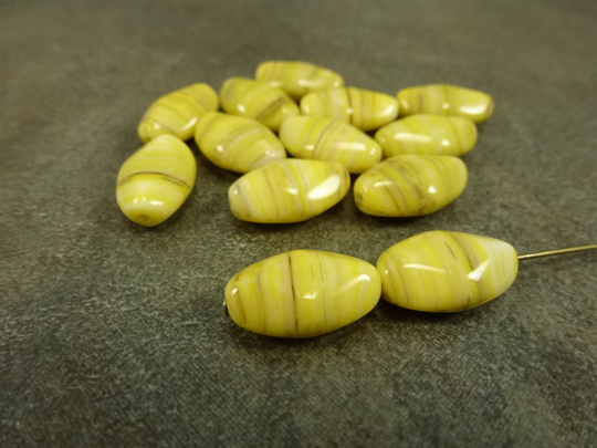 10Pc Yellow Stripe Blend Czech Glass Diamond Oval Beads, 15x9mm Pressed