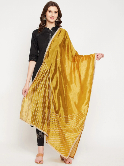 Women's Silk Blend Mustard Embroidered Dupatta With Gotta Patti Free Shipping