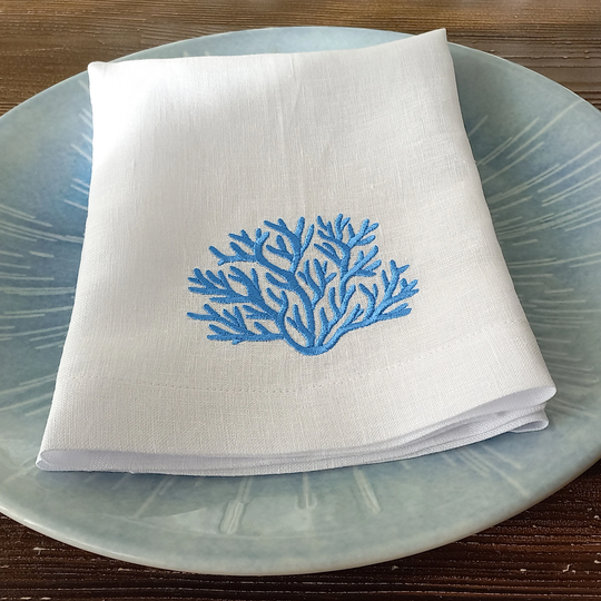 Coral Embroidered Linen Napkin, Nautical Trend Napkins, Summer Table Consept, Wedding Yacht Decor Napkins Set, Ocean Themed Napkin