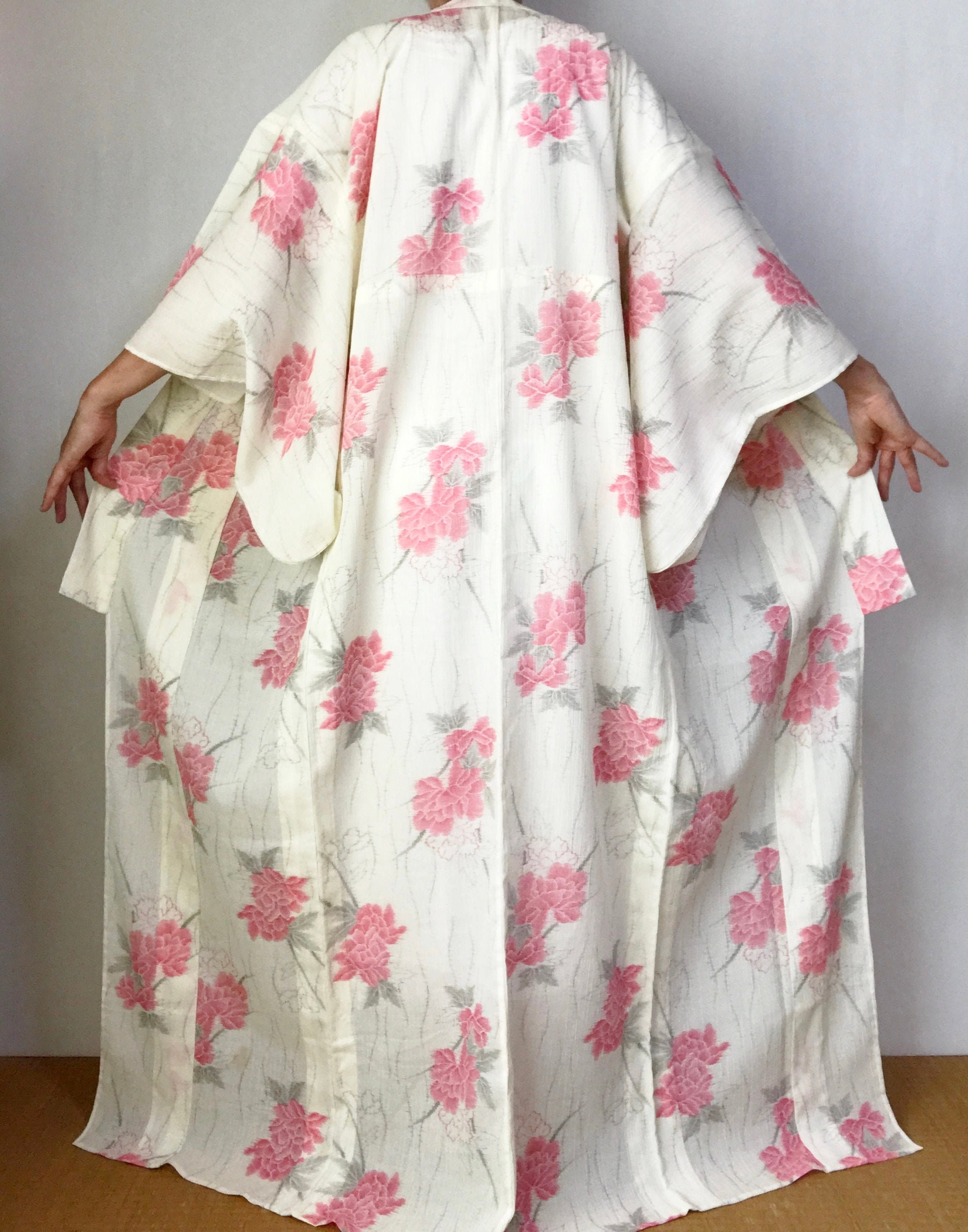 Kimono Robe Wool Cotton Blend Vintage Rose Japanese Dressing Gown Women's Long Floral Size M Free Express Ship From Japan
