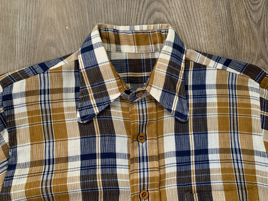 Vintage 70S Blue Gold Plaid Shirt Medium/Large