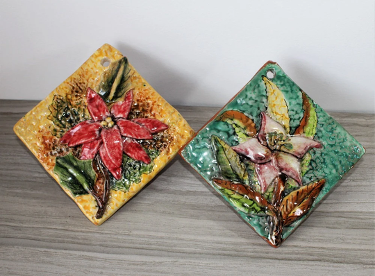 Large Clay Tiles Wall Hanging 6" Set Of 2 Vintage Art Sculpture Artisan Pottery Hand Crafted Majolica Mexico High Relief Floral Design