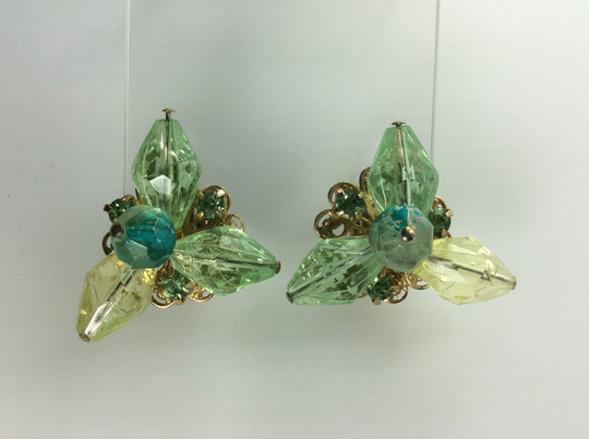 Vintage Clip On Earrings Gold Toned Triangular Design With Green Yellow Blue Beads Rhinestones Shows Wear Used