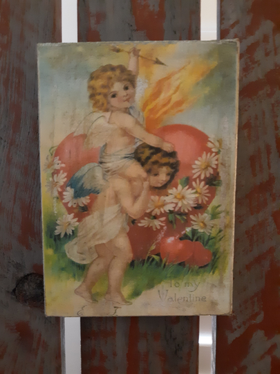 Primitive Valentine Vintage Angels Heart Canvas Cupboard Tuck