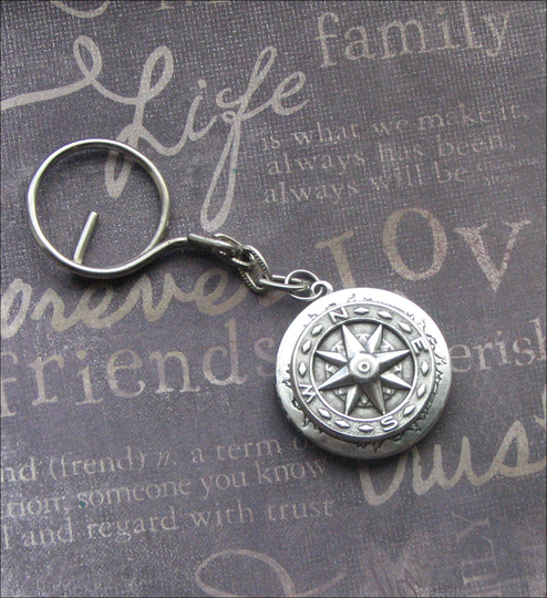 Compass Keychain Locket, Key Chain Jewelry, Locket Fob, Silver True North Unisex Gift