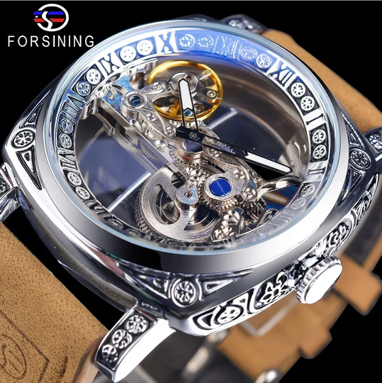 Forsining Men's Automatic Square Retro Carved Skeleton Luxury Waterproof Watch