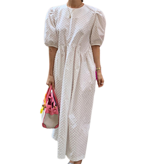Long Dress Puff-Sleeve Oversize Dots Cotton Blend Ladies Maxi Summer Dress for Women - white, one size