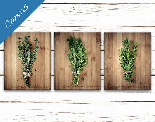 Kitchen Art, Canvas Herb Prints, Wall Art Series, Home Décor Rustic Kitchen, Cooking Gift, Set Of 3, Culinary Herbs Set