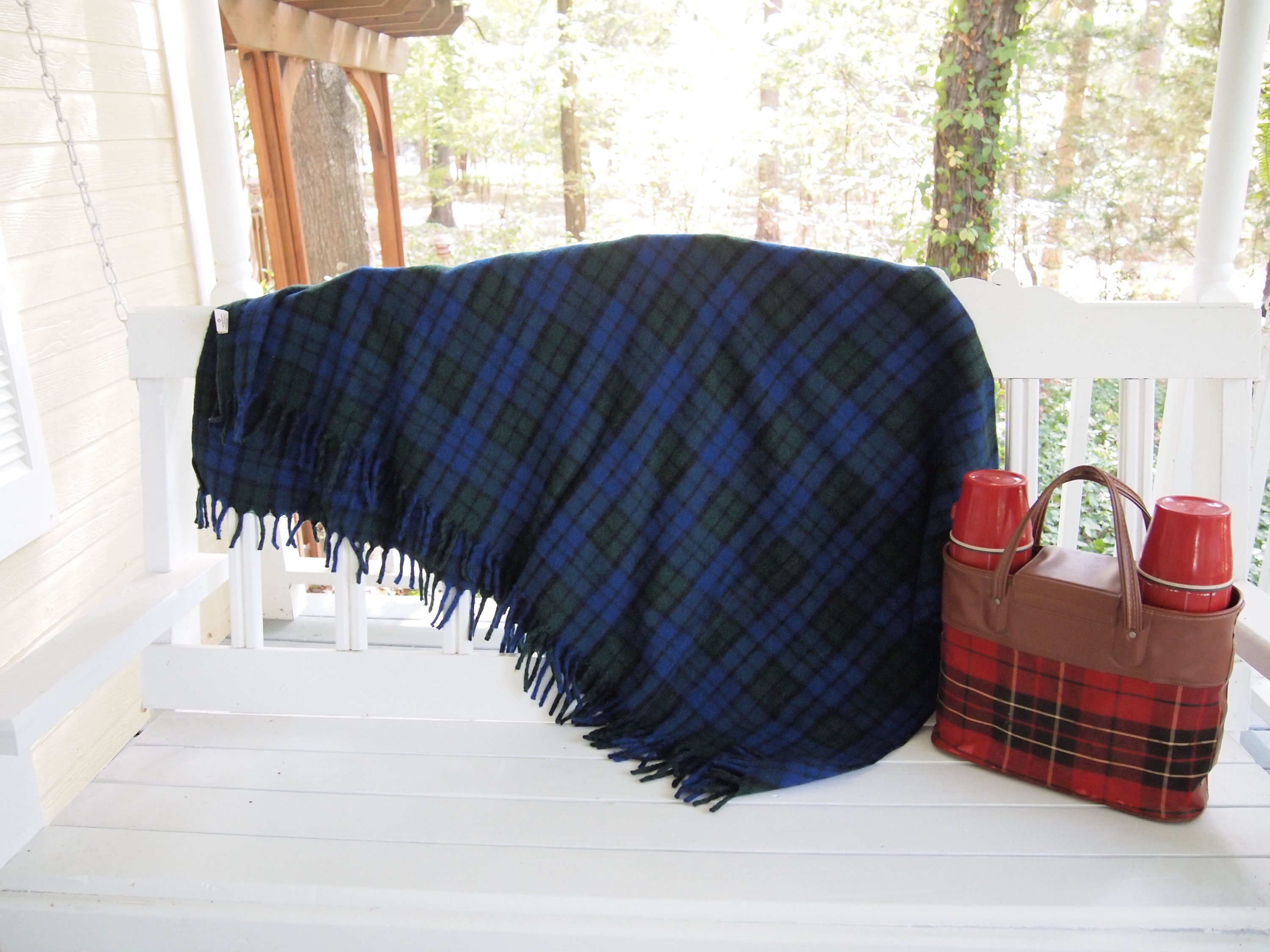 Vintage Blanket Wool Blend Blue Green Plaid Tartan Stadium Picnic Christmas Holiday B20L06T07S