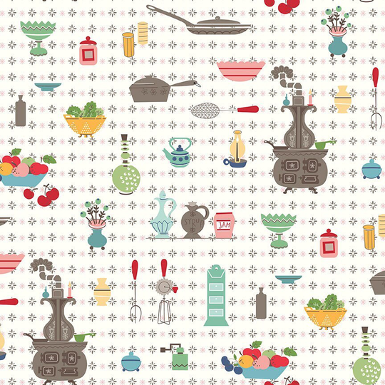 Lori Holt Cook Book Fabric By Riley Blake - White Kitchen "Wallpaper" The 1/2 Yard Or Fat Quarter