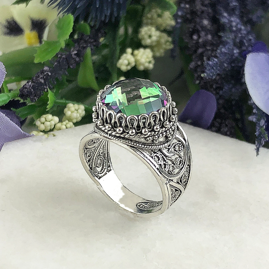 Rainbow Quartz Silver Ring, 925 Sterling Genuine Gemstone Handmade Artisan Filigree Paisley Ring Women Jewelry Gifts