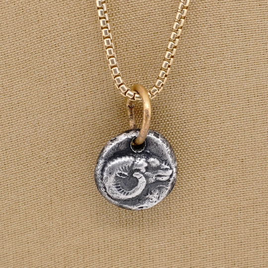Miniature Ram Coin Amulet, Sterling Silver & 24K Gold, Elkandhammer Gallery