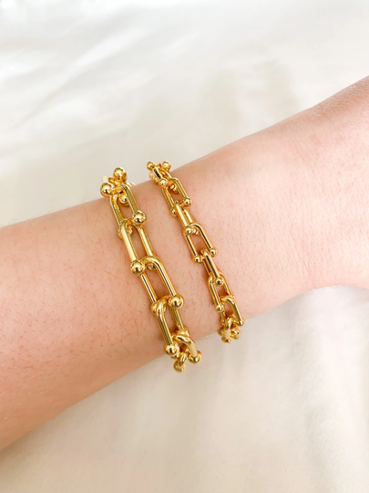 24K Gold Filled U Ball Statement Chain Bracelet, Gf Layering Stackable Chains With Decorative Sailor Clasp