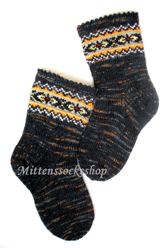 Gray Yellow Black Hand Knitted Socks Very Warm From Sock Yarn With Kid Mohair Women's Unisex Patterned