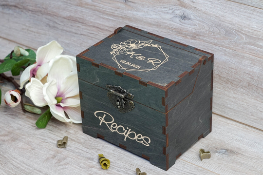 Recipe Box With Magnolia & Dividers & 4x6 Recipe Cards Personalized Engraved Wood Bridal Shower Decor Mothers Day Gift Christmas