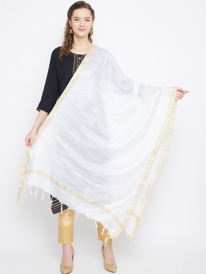 Women's Cotton Blend White & Gold-Toned Solid Dupatta Free Shipping